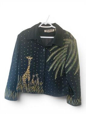 Anage Vintage Rare Black Jacket with Giraffes and Foliage, Fully Lined